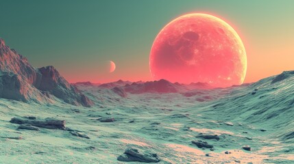 an artist's rendering of an alien landscape with a red sun background and a distant planet foreground.