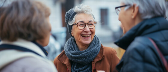 Joyful elderly woman engaging in conversation with friends outdoors, reflecting warmth and community