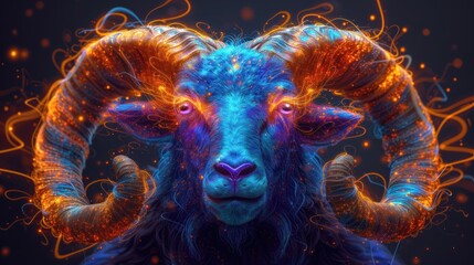 a close up of a ram's head with hair and blue and orange colors.