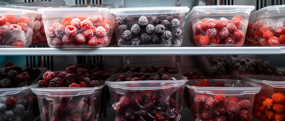 Fresh berries in frosted containers chilled on a refrigerator shelf, a feast for the senses