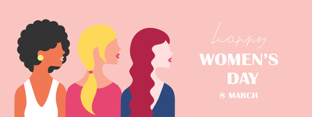 International Women's Day greeting banner. Women different nationalities on pink background. Girl power, struggle for equality, feminism, sisterhood concept. Vector.