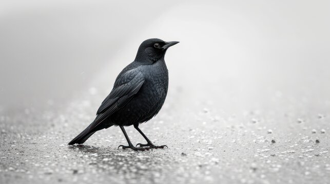 a black bird standing on top of a wet ground with drops of water on it's wing and head.