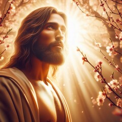 Portrait of Jesus Christ on the background of spring blooming tree.