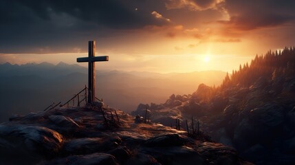 Religious christian cross crucifixion on top of mountain at sunset. AI Generative.