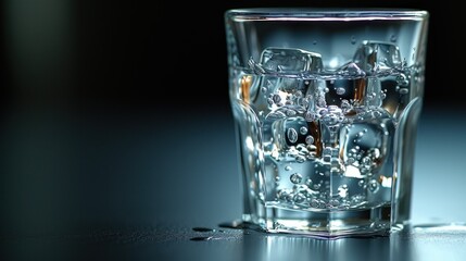 a close up of a glass of water with ice cubes inside and water droplets outside.