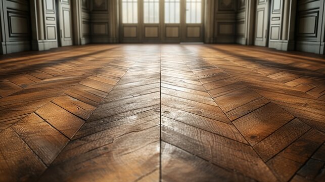 Sunlit spacious room with detailed wooden herringbone floor