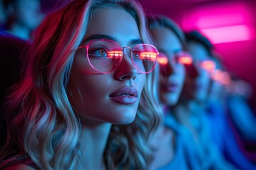 Obraz premium A vibrant group of women, adorned with pink glasses, showcase their unique personalities through the lens of bold eyewear and stylish clothing, while their captivating lips add a touch of femininity 