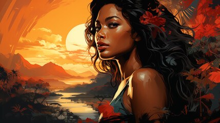 Hawaiian girl sunset illustration - obrazy, fototapety, plakaty