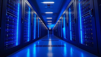High-tech server room in data center with blue lighting for secure data storage