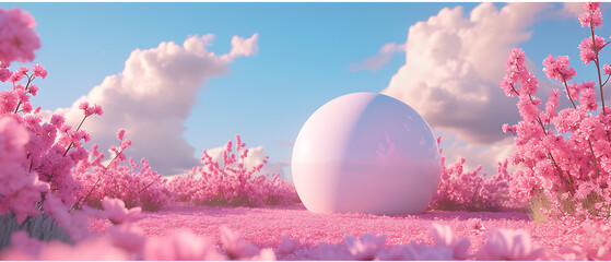 a pink background with a white round object and pink flowers on the ground and a blue sky with clouds