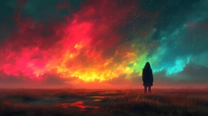 a painting of a person standing in a field with a sky full of colorful clouds and stars in the background.