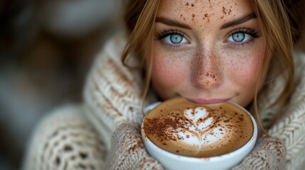 a woman drinking a cup of cappuccino with a heart drawn on the cappuccino in front of her face. - obrazy, fototapety, plakaty