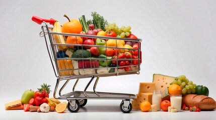 Grocery basket with a variety of fruits and vegetables. The image has a clean and minimalist aesthetic with a lot of white space around it.
