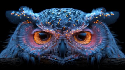 a close up of an owl's face with bright lights on it's eyes and a black background.