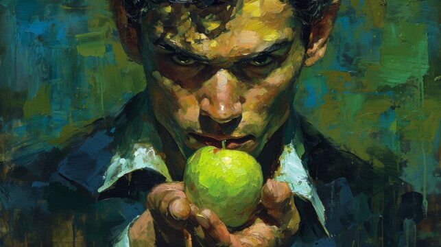 A Painting Of A Man Biting Into An Apple While Looking At The Camera, AI