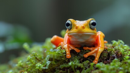 a close up of a frog on a mossy surface with eyes on the top of the frog's head.
