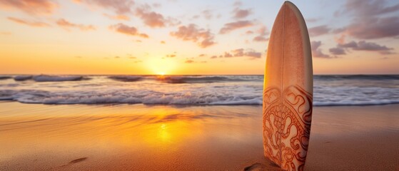 Surfboard on the beach at sunset. Beautiful seascape. Surfboards on the beach. Vacation and Travel...