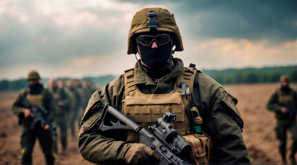 A military man in full uniform, with weapons in his hands on the battlefield. Vector graphics - obrazy, fototapety, plakaty