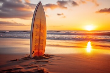 Surfboard on the beach at sunset. Surfing concept. Surfboards on the beach. Vacation and Travel...