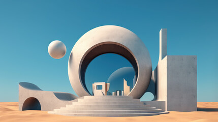 Abstract architecture surreal building. Dream scene with epic architectural abstraction under the blue sky
