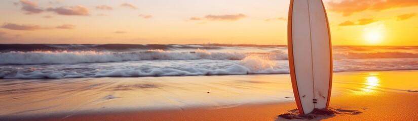 Surfboard on the beach at sunset. Panoramic banner. Surfboards on the beach. Vacation and Travel Concept with Copy Space.