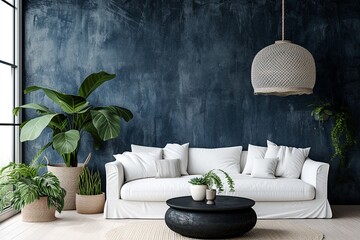 living room space with an elegant navy blue textured wall as the focal point