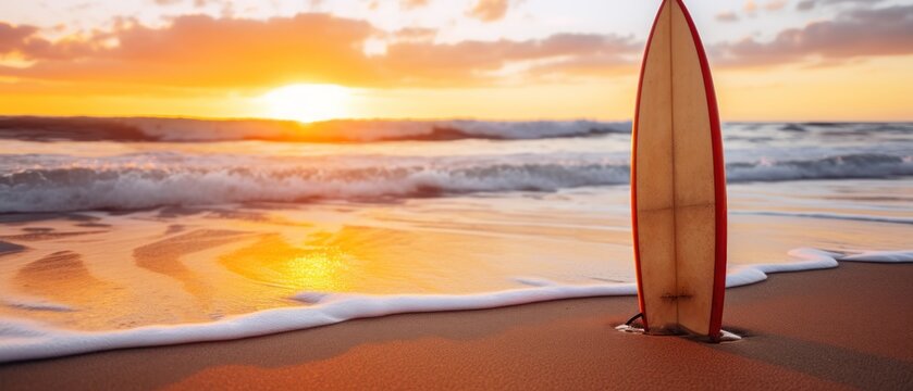 Surfboard on the beach at sunset. Surfing concept. Surfboards on the beach. Vacation and Travel Concept with Copy Space.