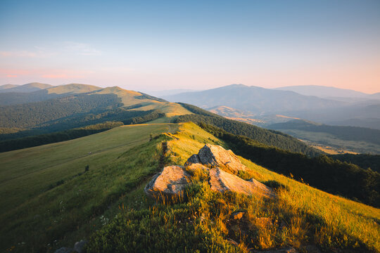 Breathtaking view of the mountainous area in morning. Carpathian National Park, Ukraine.