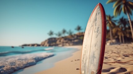 Surfboard on the beach with palm trees in the background. Surfboards on the beach. Vacation and...
