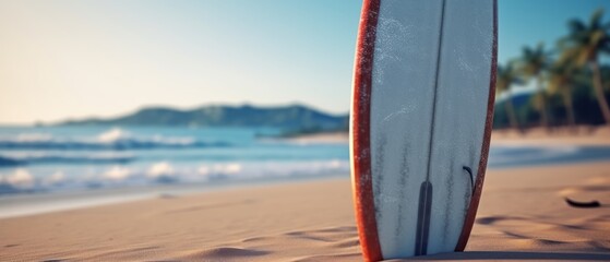 Surfboard on the beach at sunset. Surfboards on the beach. Vacation and Travel Concept with Copy...