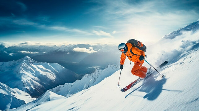 Snowboarder on skis in snowy mountains overlooking rocky mountains and blue sky