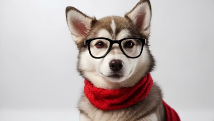 Fototapeta na wymiar a little husky dog ​​wearing stylish red plastic glasses on white background.