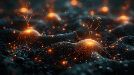 a close up of a bunch of orange lights on a black surface with rocks and grass in the foreground.