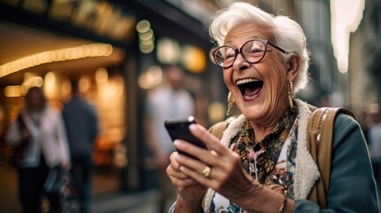 Old woman looking at a smartphone screen laughing