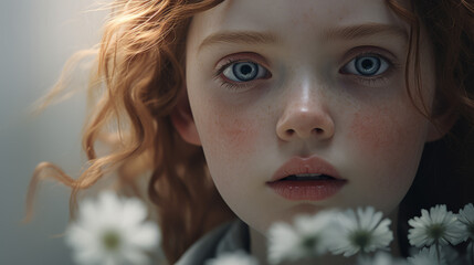Young Girl with Auburn Curls and Freckles Contemplating Amongst White Flowers