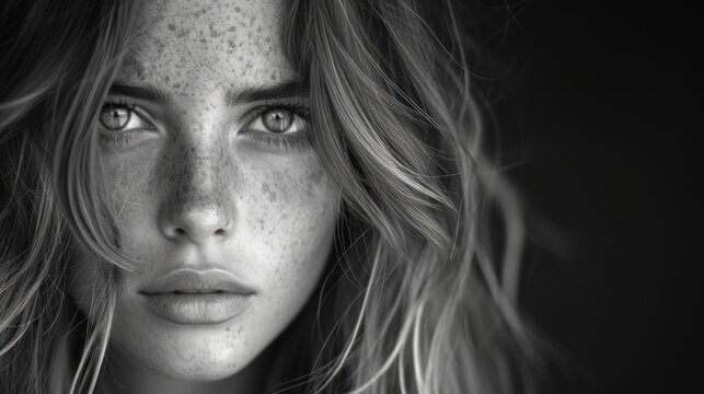 a black and white photo of a woman with freckled hair and freckled freckled eyes.