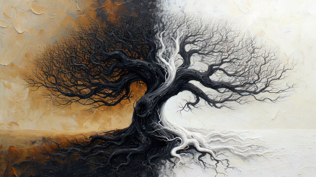 a painting of a tree with and on it, with a yellow sky in the background.
