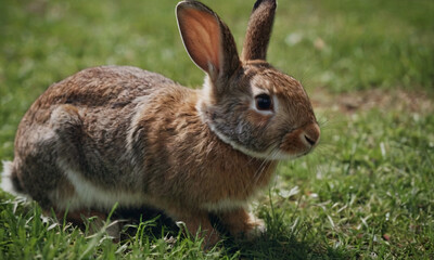 Fototapeta premium Brown and white rabbit standing in the field