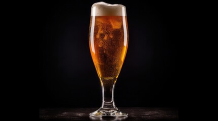 Glass of fresh and cold beer on dark background