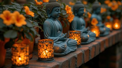 a row of buddha statues sitting next to each other with lit candles in front of them on top of a table.