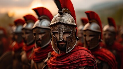 a group of men in roman armor with red capes and red headscarves, all wearing red scarves. - obrazy, fototapety, plakaty