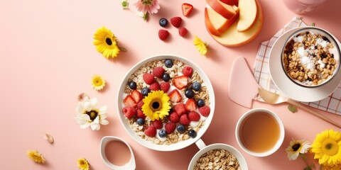 Healthy breakfast set with coffee and granola. Overhead view, copy space, pink background.