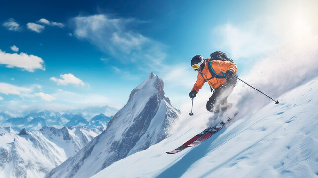 Snowboarder on skis in snowy mountains overlooking rocky mountains and blue sky