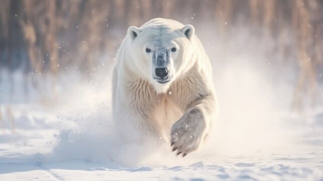 White bear in the wild. North winter snow. Wild Polar bear roaring aggressively running towards camera