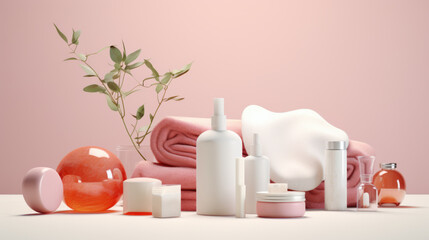 Obraz na płótnie Canvas Bathroom Cosmetics and Spa Accessories Arranged on a Pink Backdrop with Plush Towels and Greenery