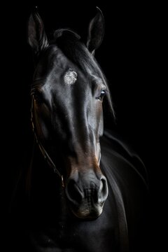 Portrait of the black horse on the black background