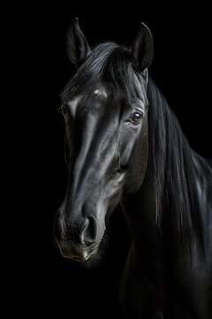 Portrait of the black horse on the black background
