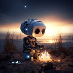 image of a robot sitting near a fire on the ocean shore at sunset - 727996234