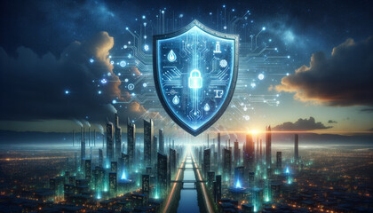 Futuristic cityscape protected by glowing shield - Cybersecurity for utilities. - obrazy, fototapety, plakaty
