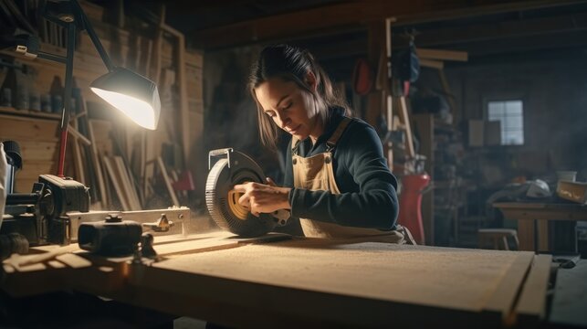 Beautiful woman carpenter using power tools working her wood job